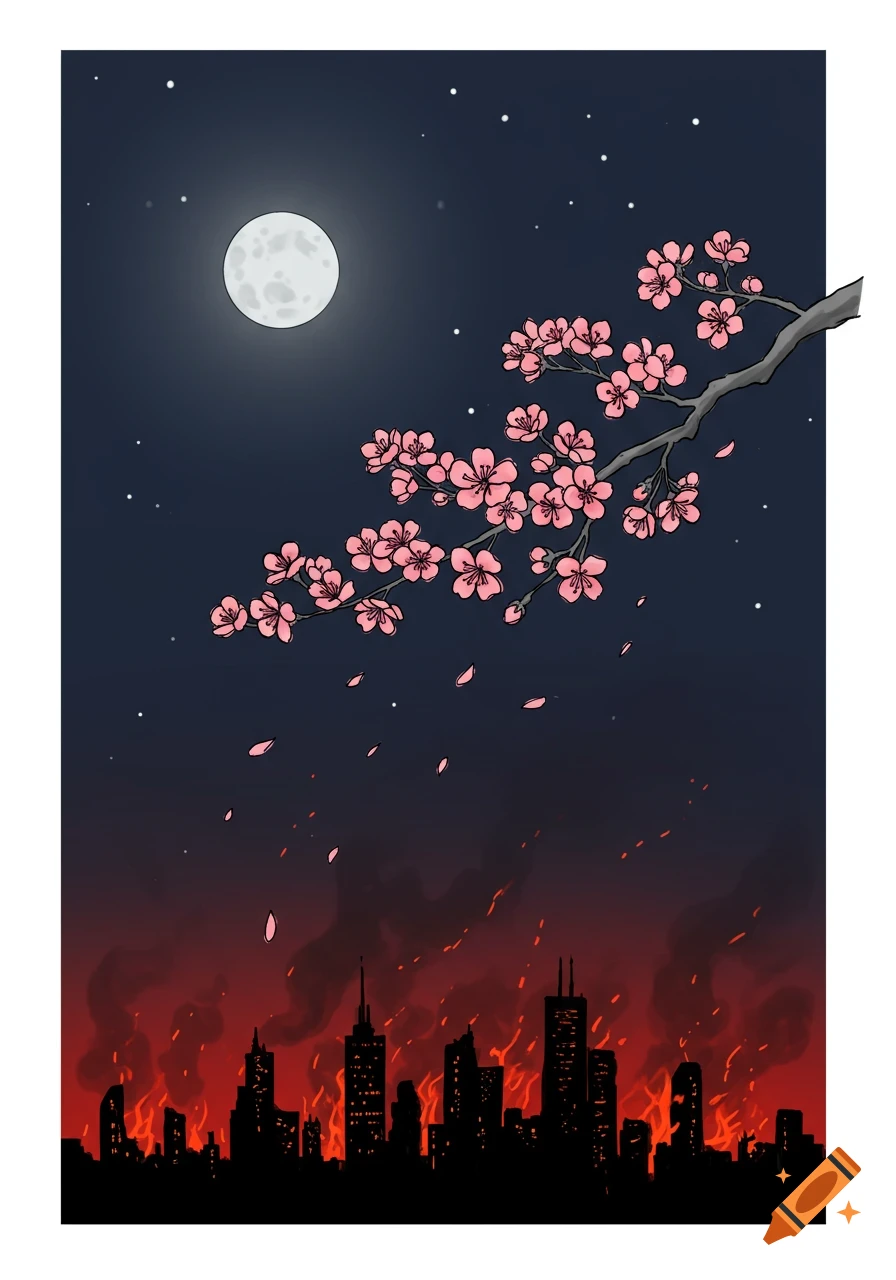 Simple line art illustration of a full moon and pink cherry blossom branch above a burning city skyline at night.