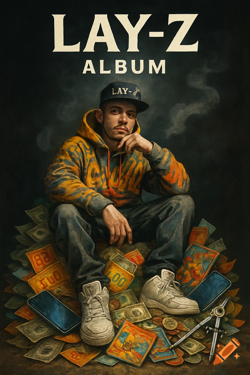 A stylized painting of a man, possibly a rapper, sitting on a pile of money, comic books, phones, and tools under "LAY-Z ALBUM" text.