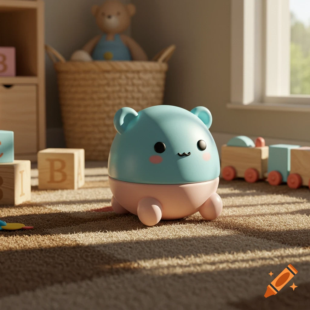 A cute, teal and pink spherical toy sits on a brown carpet in a child's room with wooden blocks and a teddy bear in a basket.