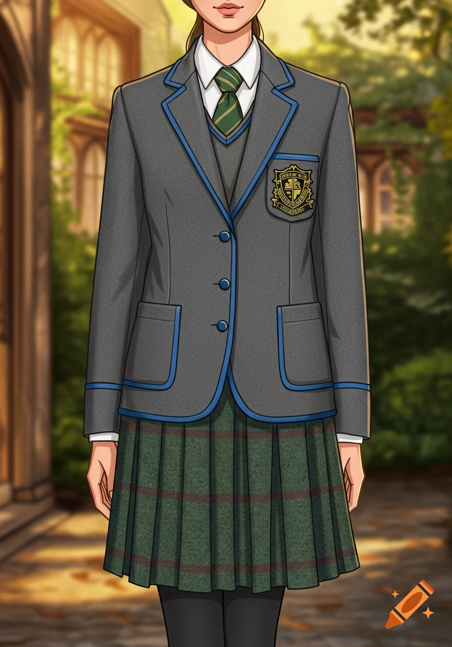 Anime style illustration of a person wearing a grey school blazer with blue piping, green plaid pleated skirt, and striped tie.