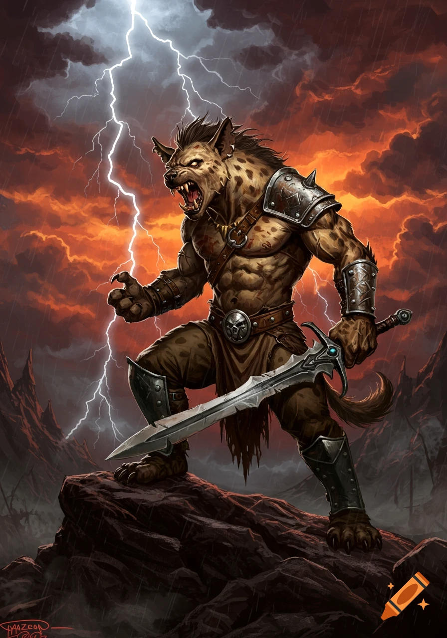 A snarling, muscular gnoll warrior in armor wields a sword on a rocky peak amidst a stormy sky with lightning and orange clouds.