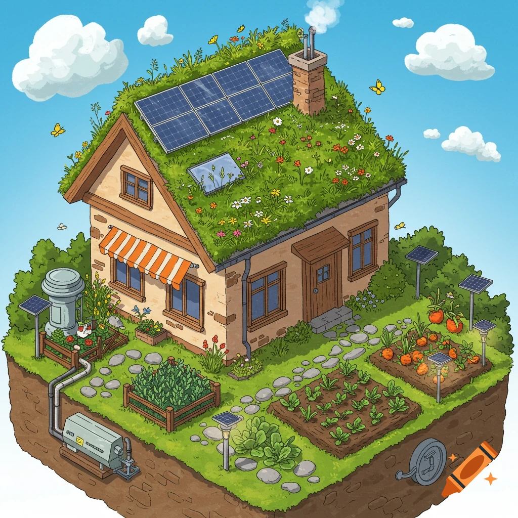 An isometric illustration of a cute, eco-friendly house with a green roof, solar panels, rain collection system, and vegetable gardens.