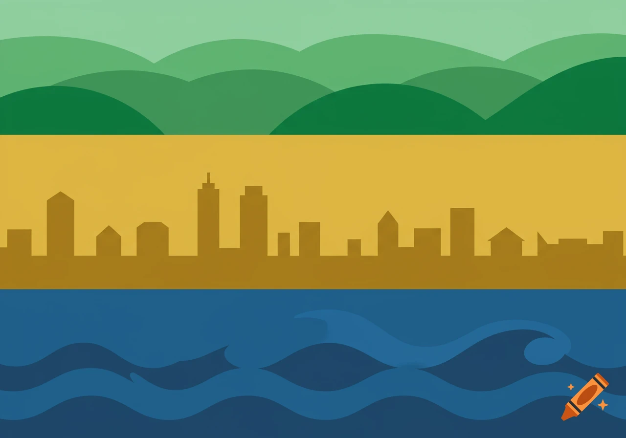 Minimalist flag design with three horizontal bands: green rolling hills, a gold city skyline, and blue ocean waves.