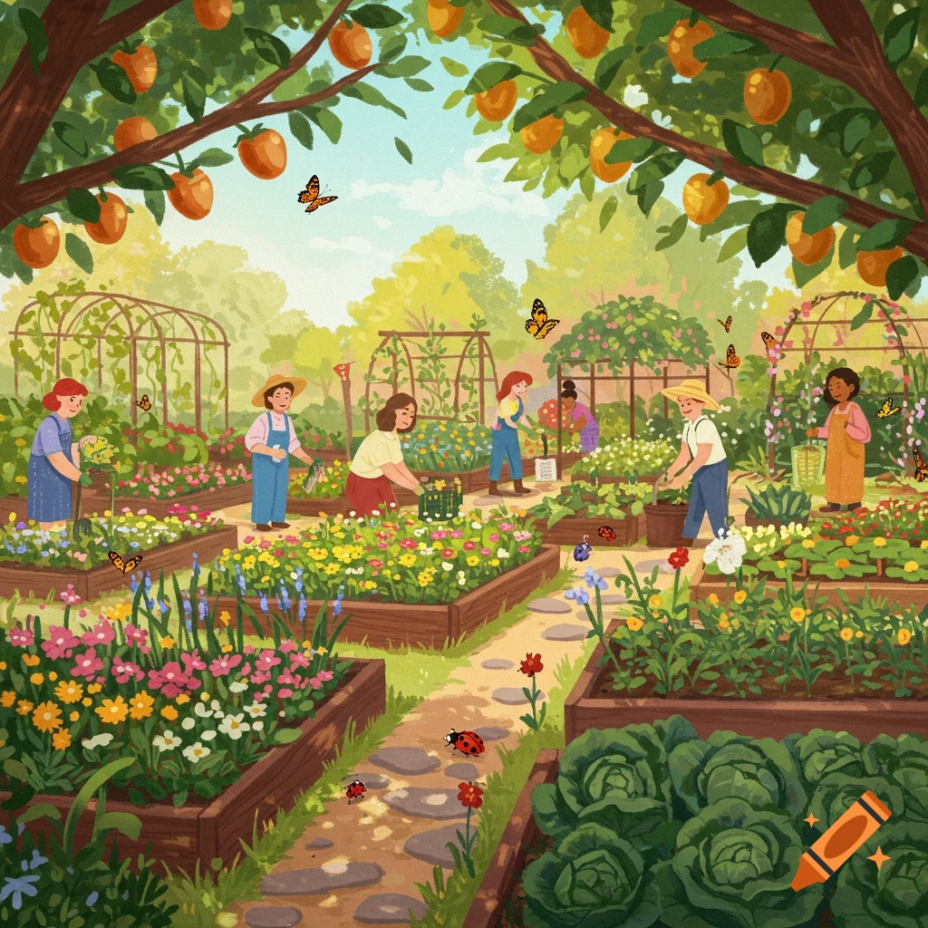 A colorful illustration of people gardening in a vibrant community garden with raised beds, flowers, vegetables, and fruit trees.