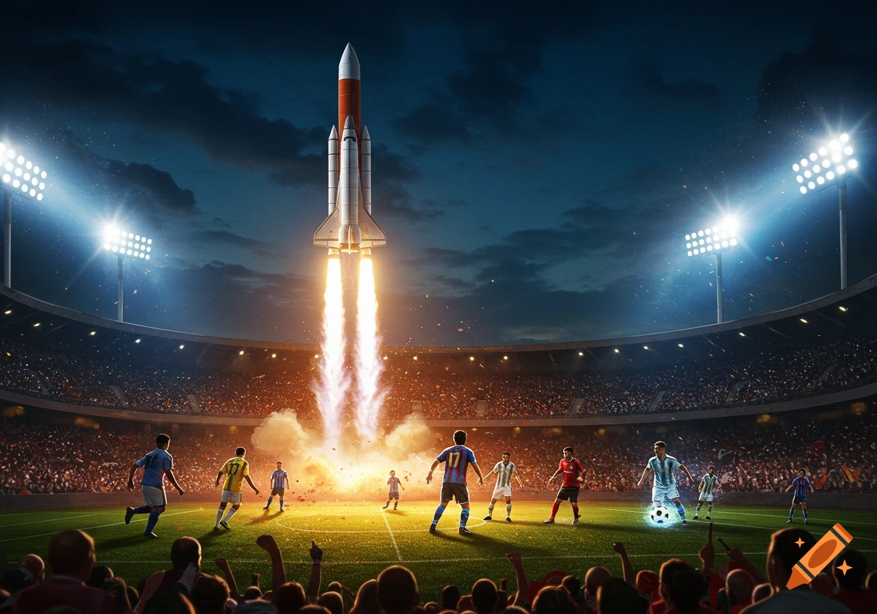 A rocket launches from the center of a crowded soccer stadium at night, with players on the field and fans in the stands.