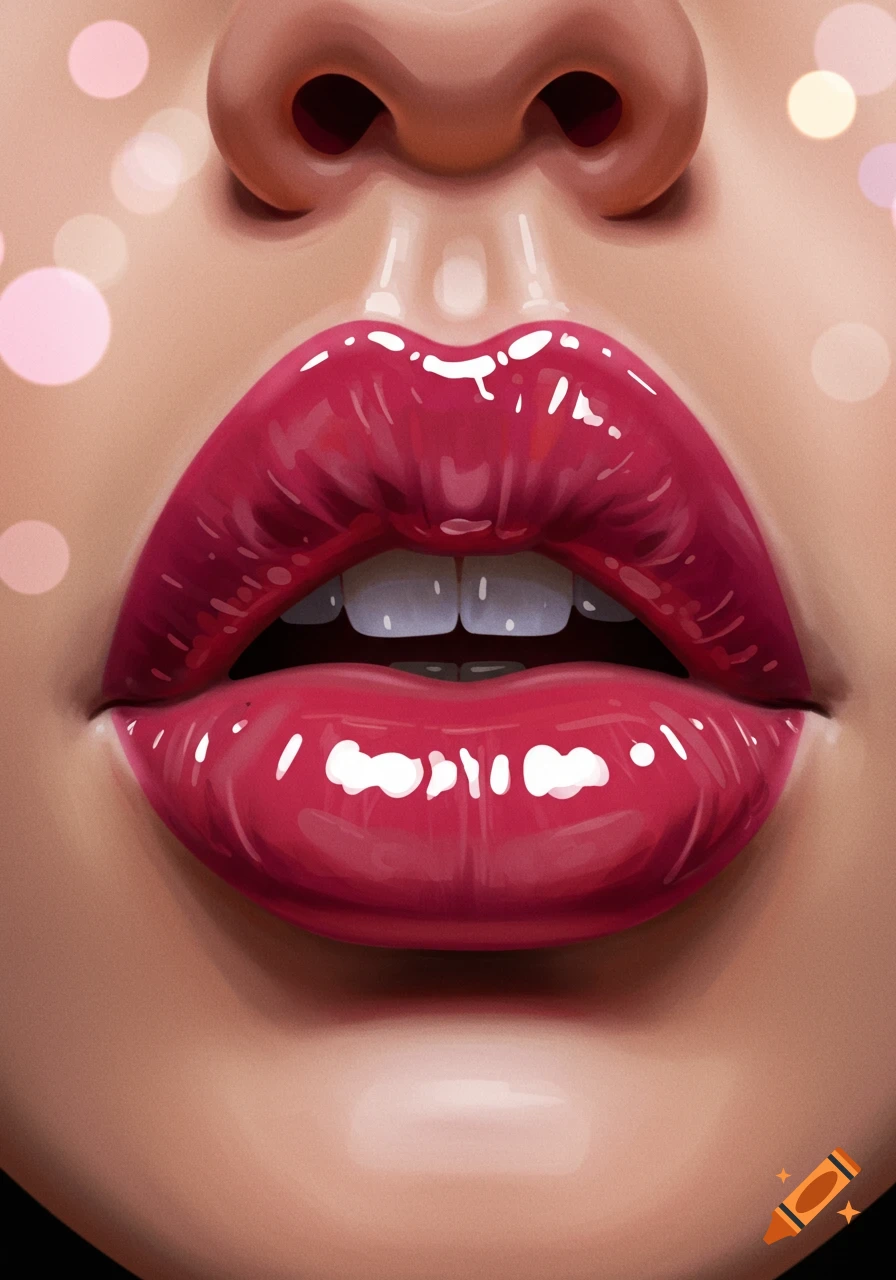 Close-up digital illustration of a nose and glossy red lips, slightly parted, with soft bokeh lights in the background.