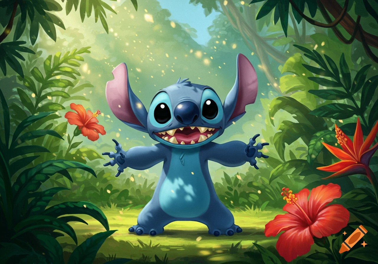 Smiling Stitch with arms outstretched in a lush, vibrant jungle with red hibiscus flowers. Digital illustration.