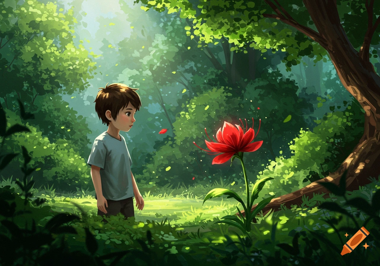 A young boy looking at a glowing red flower in a sun-dappled forest, digital painting style.