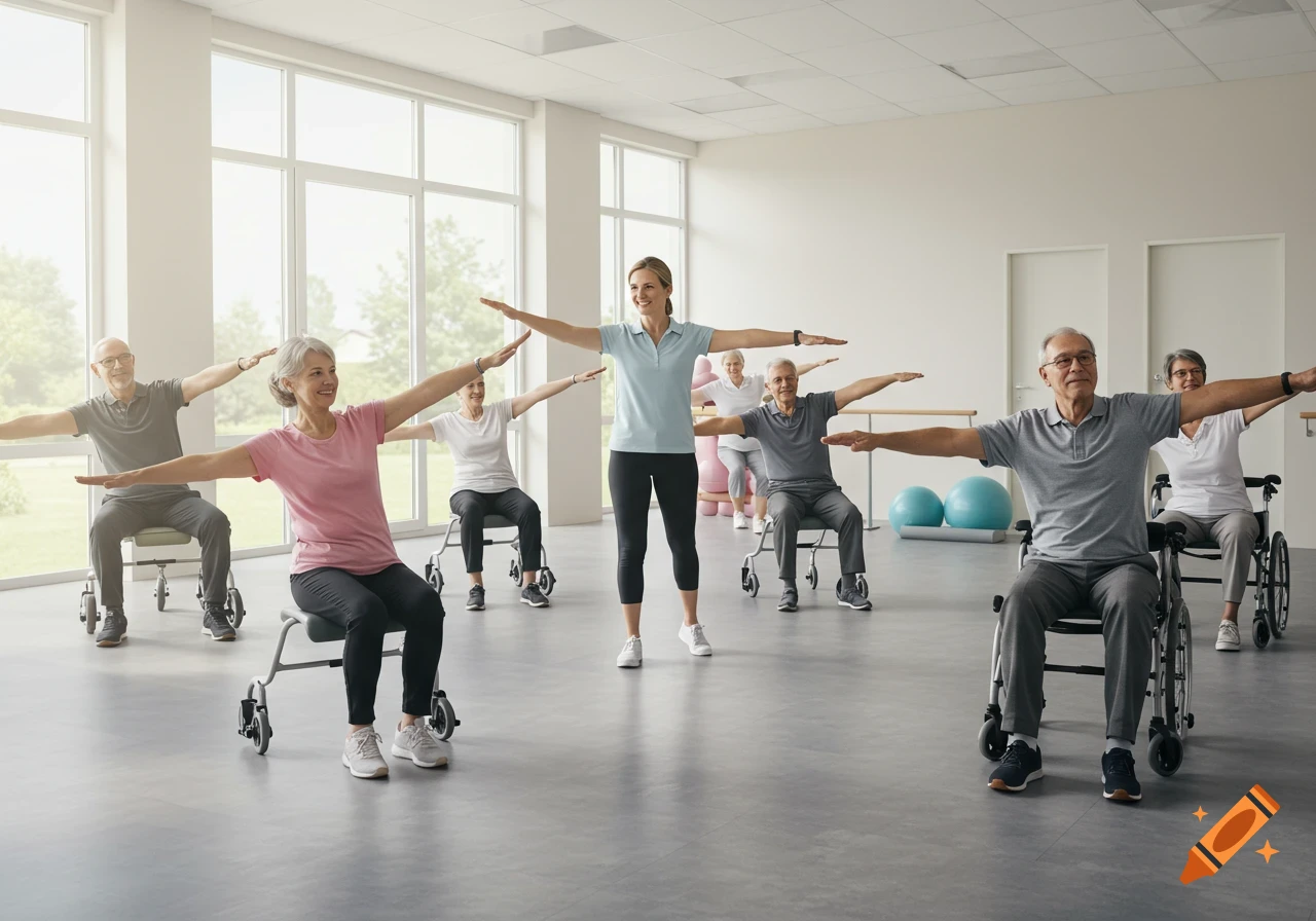An instructor leads a group of seniors in chair exercises in a bright room. The participants sit on various wheeled chairs with arms outstretched.