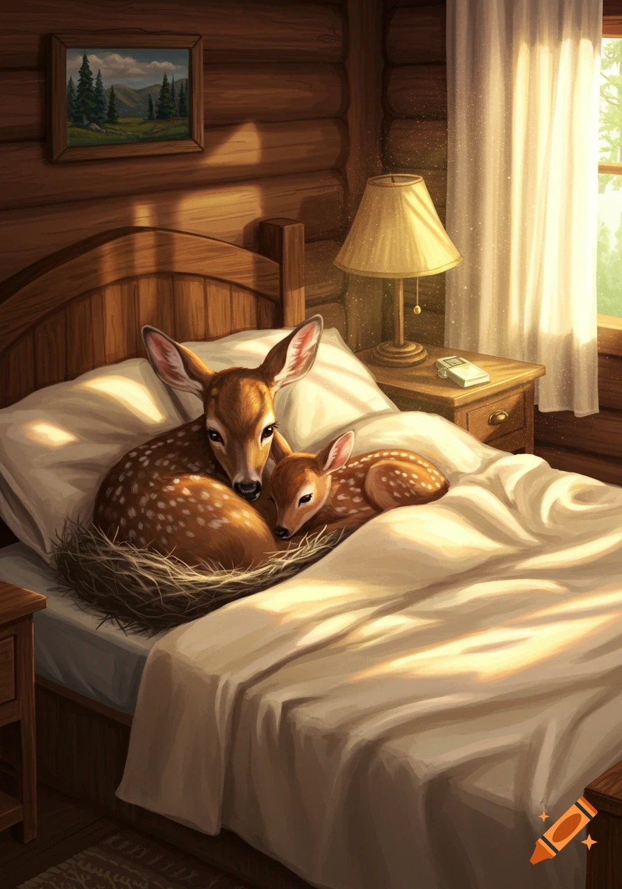 A mother deer and her fawn sleeping peacefully in a bed in a rustic, sunlit wooden cabin room.