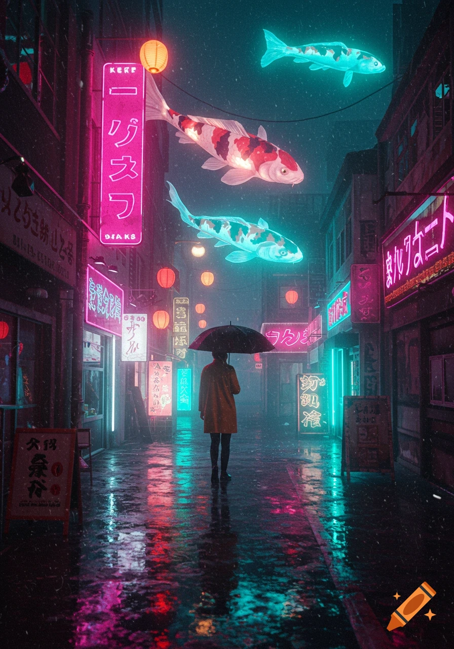 A person in a yellow raincoat with an umbrella walks down a rain-soaked city street lit by glowing neon signs, with giant koi fish swimming in the air above, creating a surreal and futuristic scene.