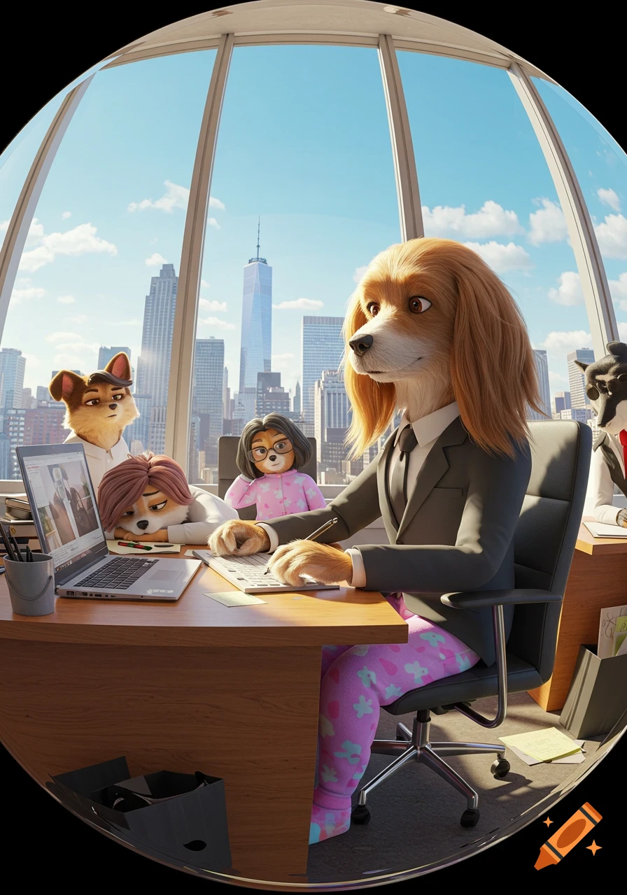 Anthropomorphic dogs in a humorous office scene with a fisheye view of a city skyline. A dog in a suit and pajamas works at a desk while colleagues are nearby.