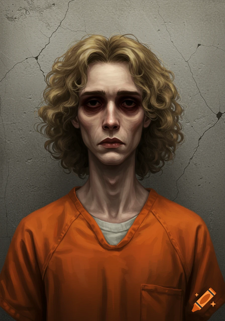 A somber portrait of a lanky, thin man with curly dirty blonde hair and sunken eyes, wearing an orange prison jumpsuit against a cracked wall.