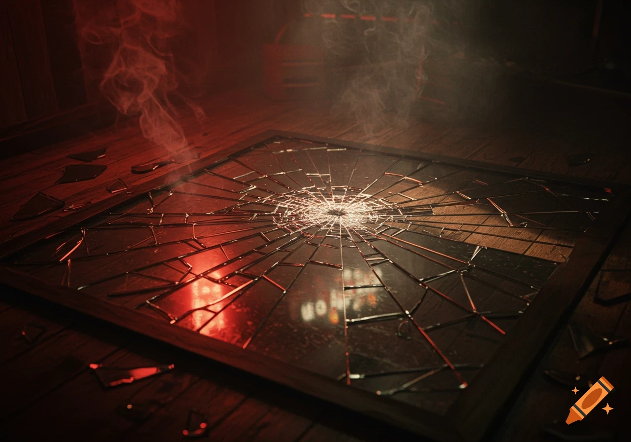 Photorealistic broken mirror with shards on a wooden floor, dramatically lit by red light and wisps of smoke.