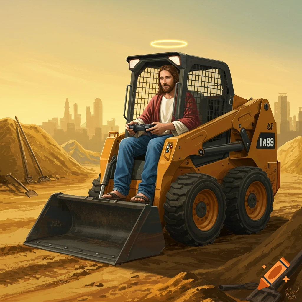 Jesus with a halo drives a yellow skid steer loader using an Xbox controller on a dusty construction site, city in background.