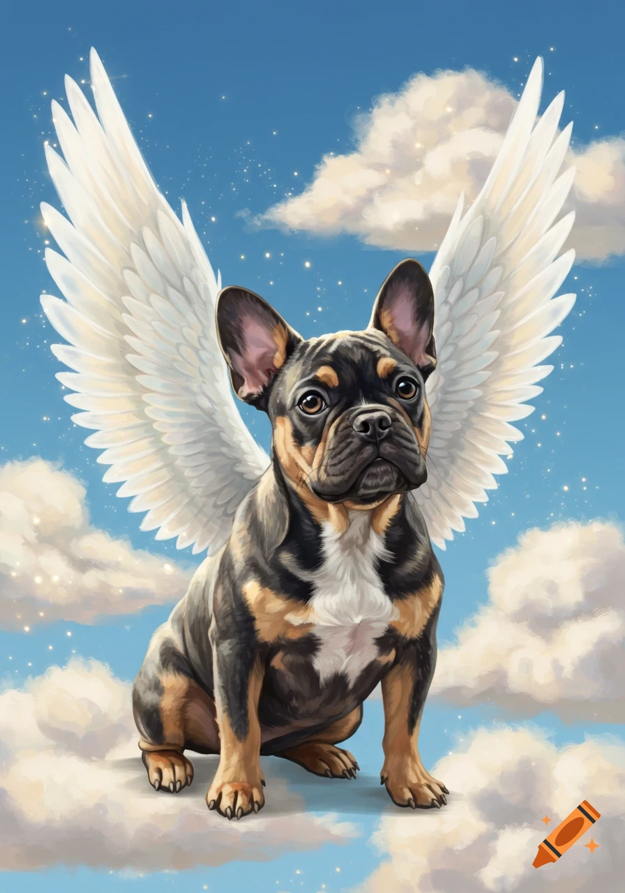 An adorable black, brown, and white French Bulldog with white angel wings sits on fluffy clouds in a sparkling blue sky, in a charming illustrative style.