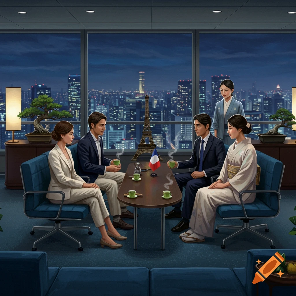 Four people, two men and two women, meet around a table with a French flag and Eiffel Tower figurine, overlooking a city skyline at night.