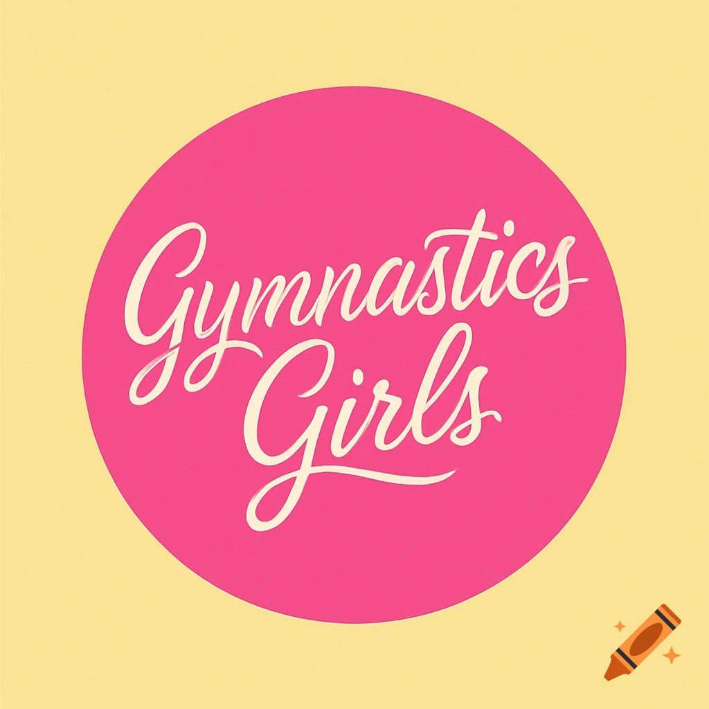 Cursive 'Gymnastics Girls' text in a pink circle on a pastel yellow background.