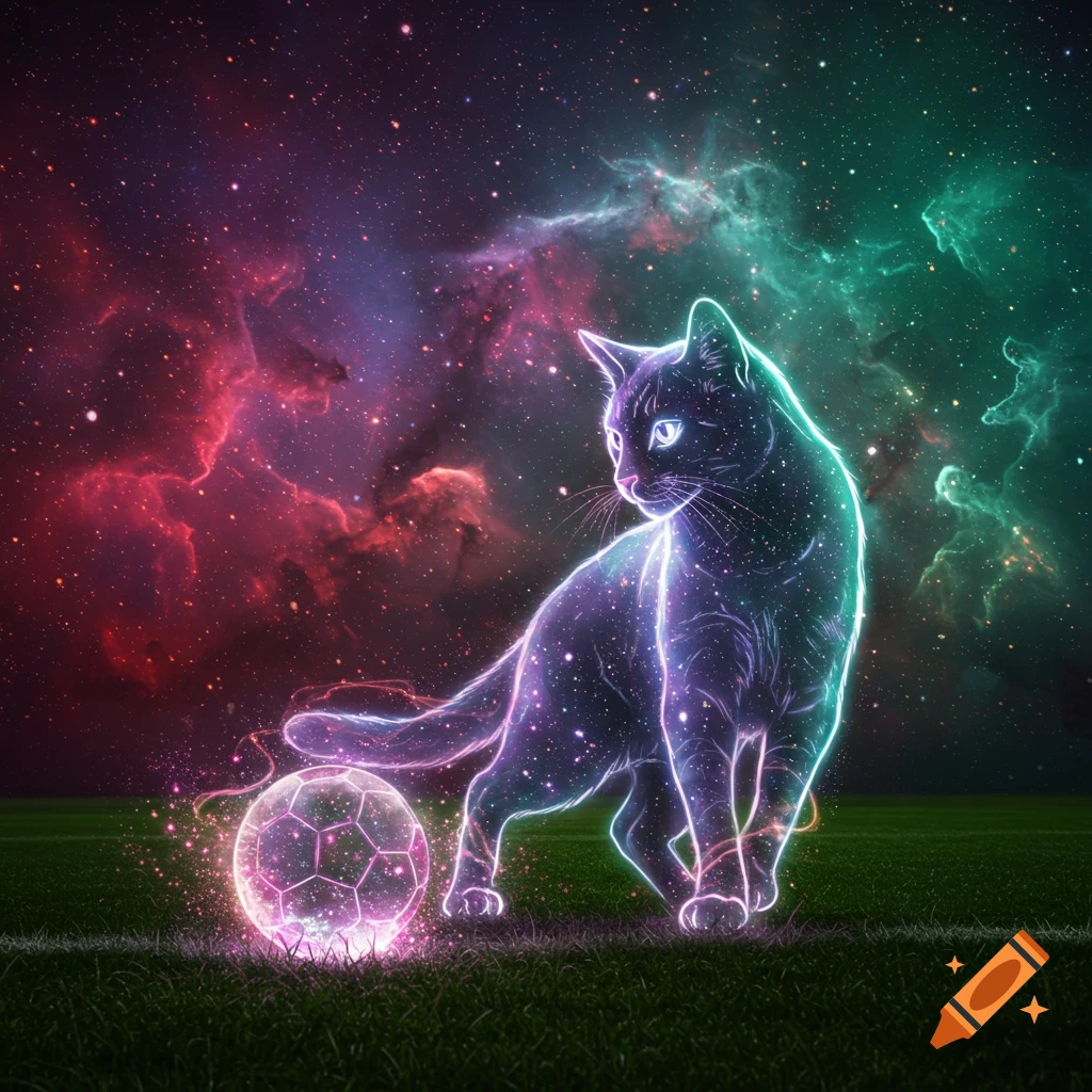 A glowing, ethereal cat on a grassy field with a luminous soccer ball, set against a vibrant cosmic nebula.
