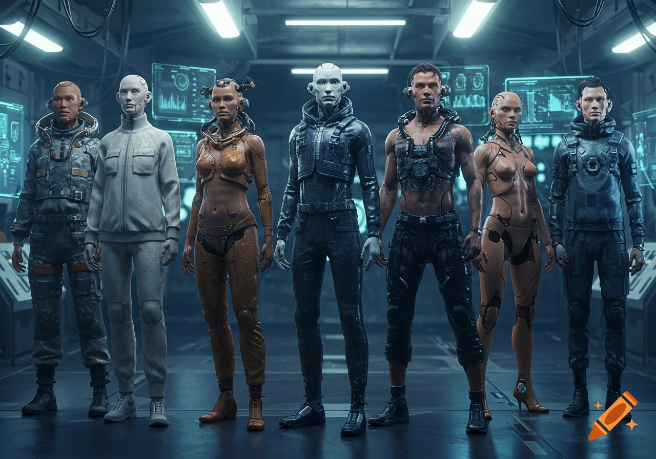 Seven detailed cyborgs and androids stand in a futuristic, dimly lit laboratory with glowing screens.