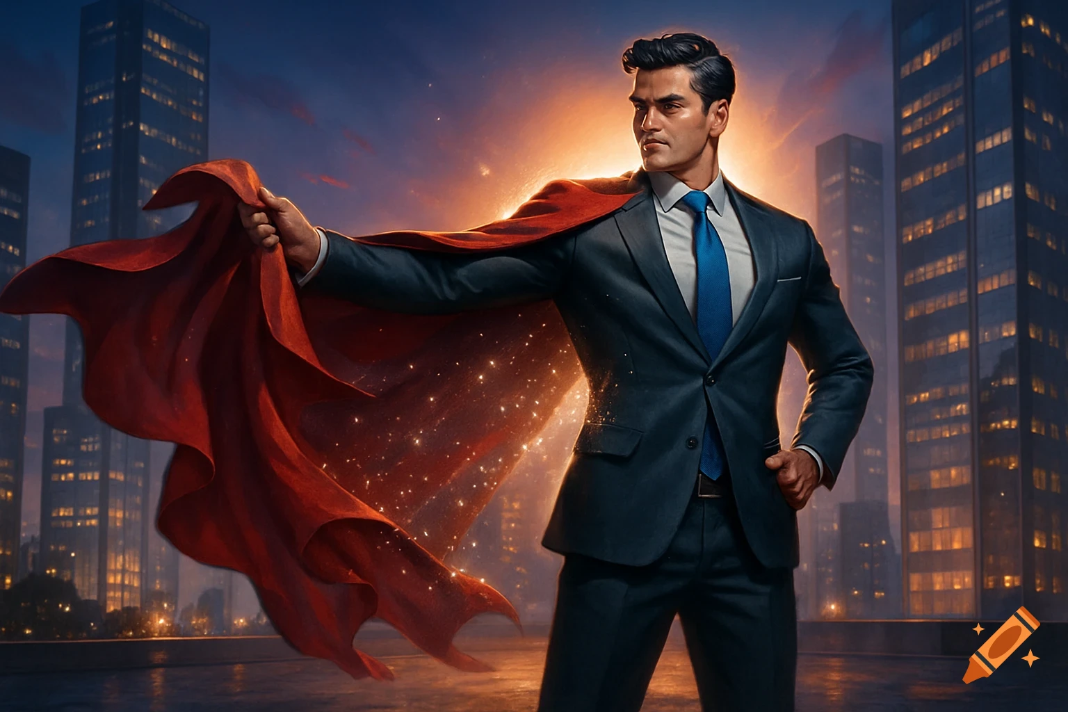 A superhero-like man in a dark suit and blue tie pulls back a flowing red cape against a city skyline at sunset.