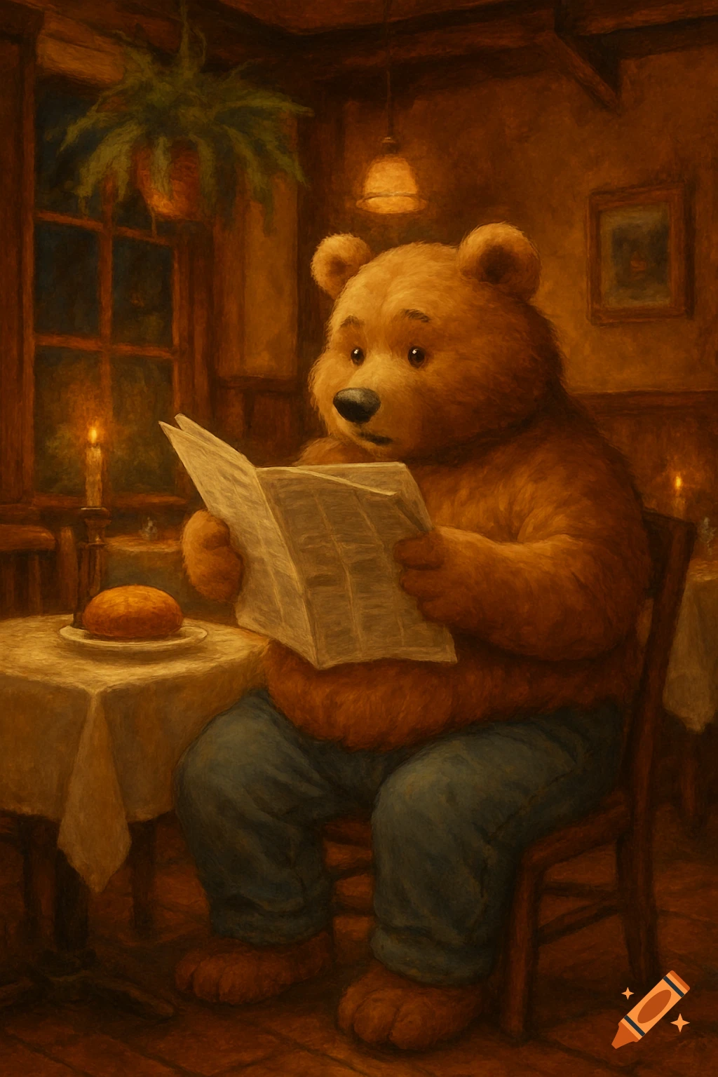 A stylized painting of a plump, brown anthropomorphic bear wearing jeans, sitting in a dimly lit restaurant and reading a newspaper.