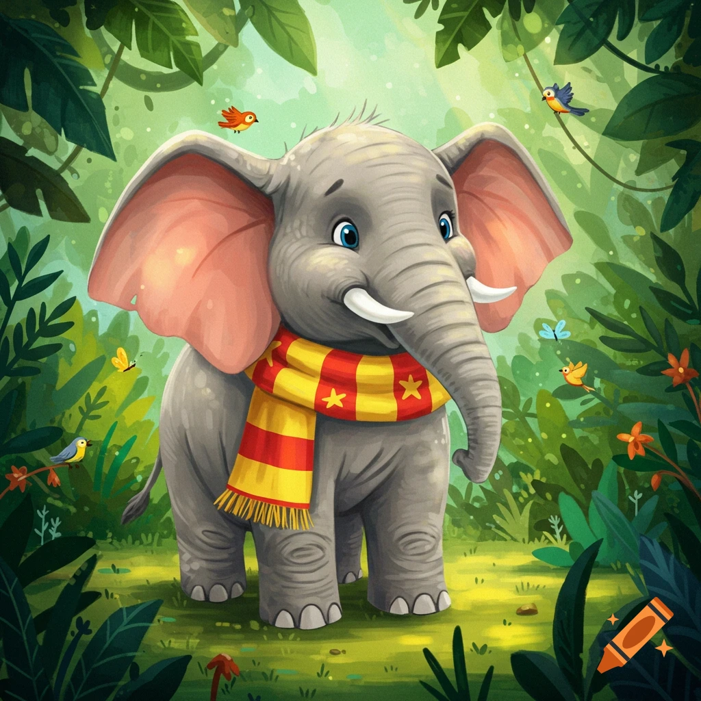 A cute cartoon baby elephant with big blue eyes wears a red and yellow striped scarf with stars while standing in a lush green jungle.