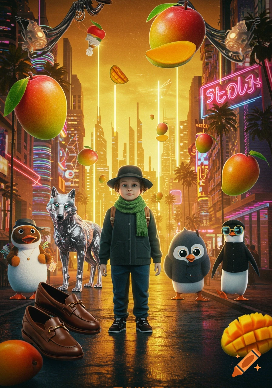 A child with a metallic wolf and penguins stands in a vibrant, futuristic city with floating mangos and neon signs.