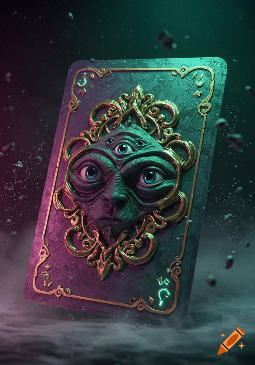 An ornate playing card with a green, multi-eyed, grotesque face framed in gold, set against a smoky, dark background.