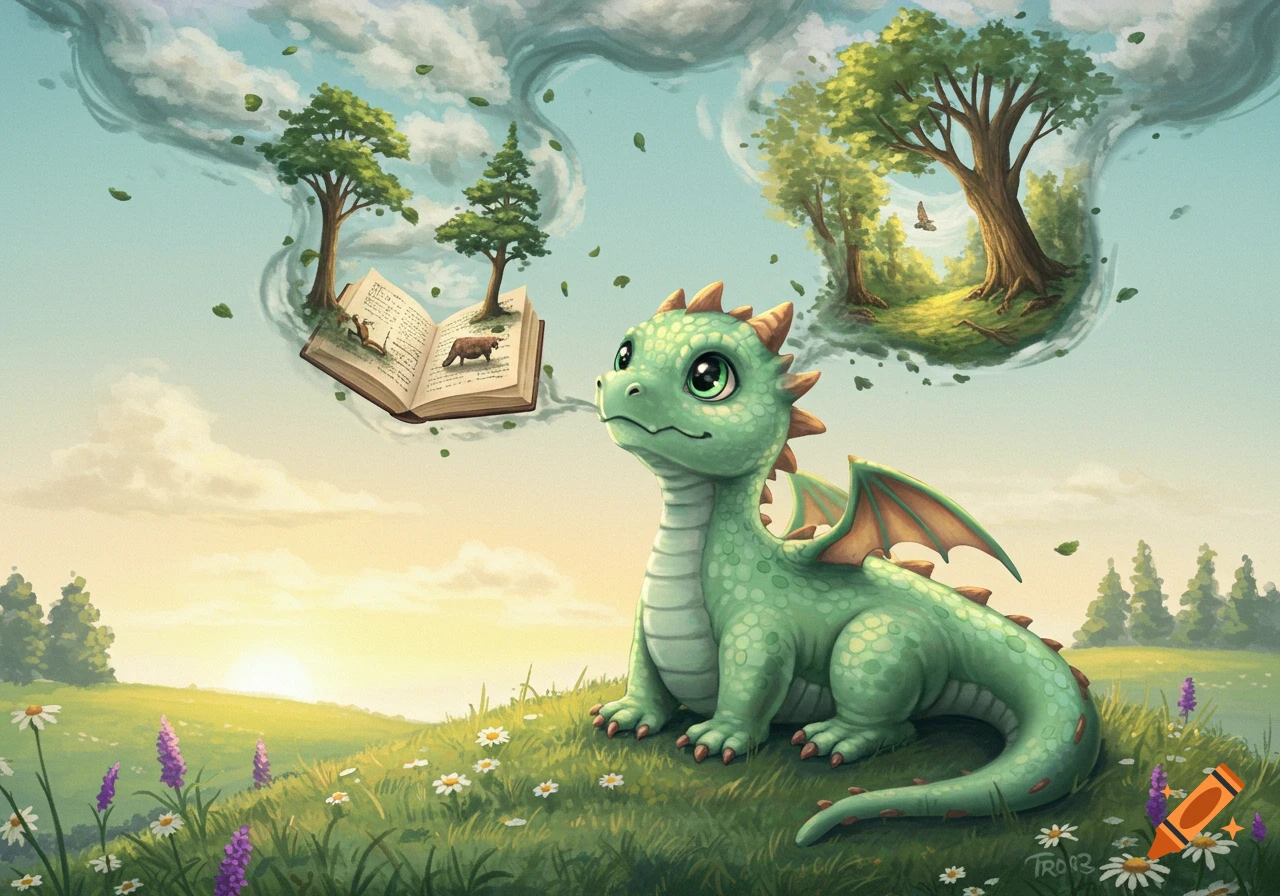 A cute baby green dragon sits in a sunny, flower-filled field, gazing at dreamy clouds forming a floating book and trees.