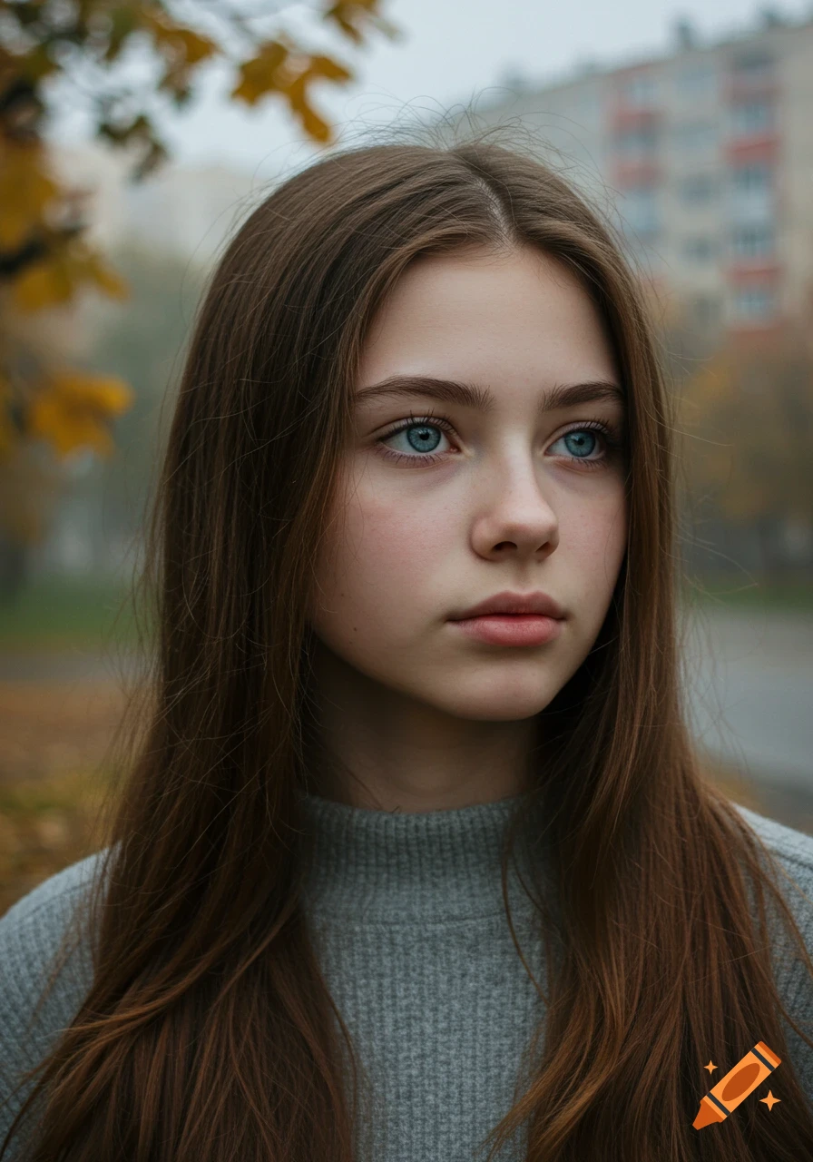 Photorealistic portrait of a young woman with long brown hair and blue-grey eyes, wearing a grey sweater, outdoors in autumn.