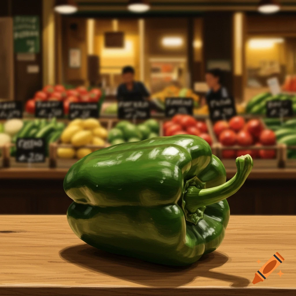 A vibrant green bell pepper on a wooden table with a blurred grocery store in the background.