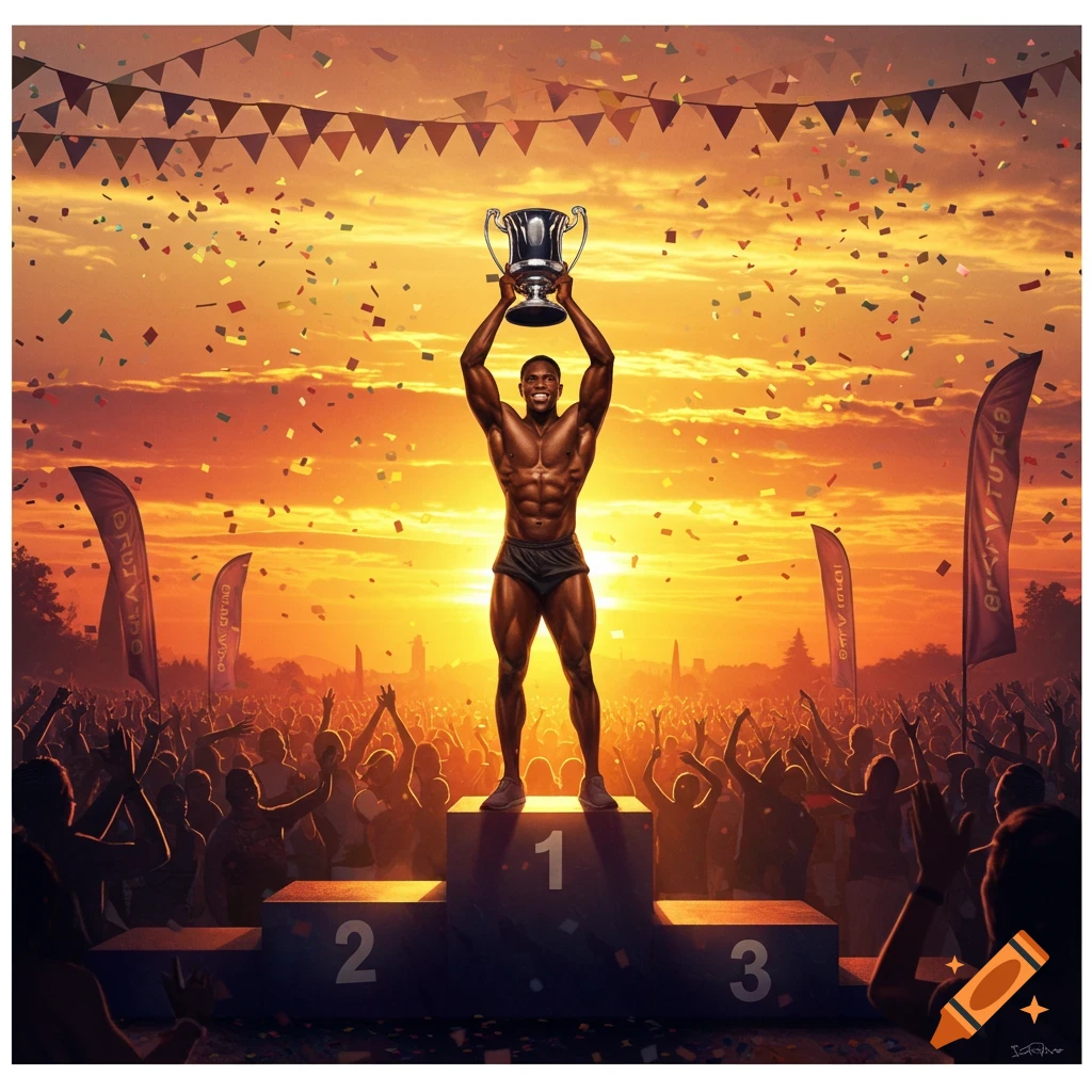 A muscular bodybuilder stands on a winner's podium at sunset, holding a trophy aloft, as confetti falls and a crowd cheers.