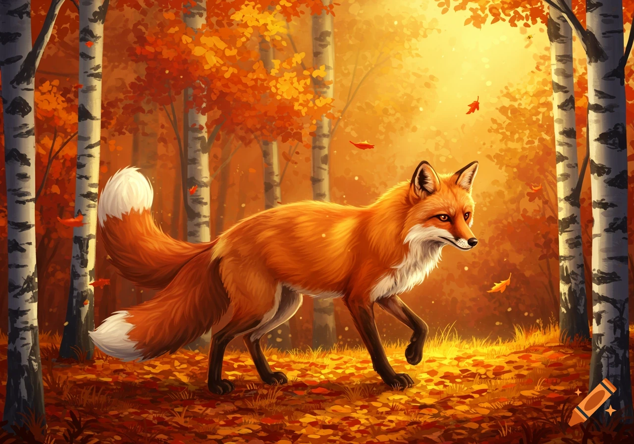 A stylized orange fox with a white chest and tail tip walks through a vibrant autumn forest with birch trees and fallen leaves.