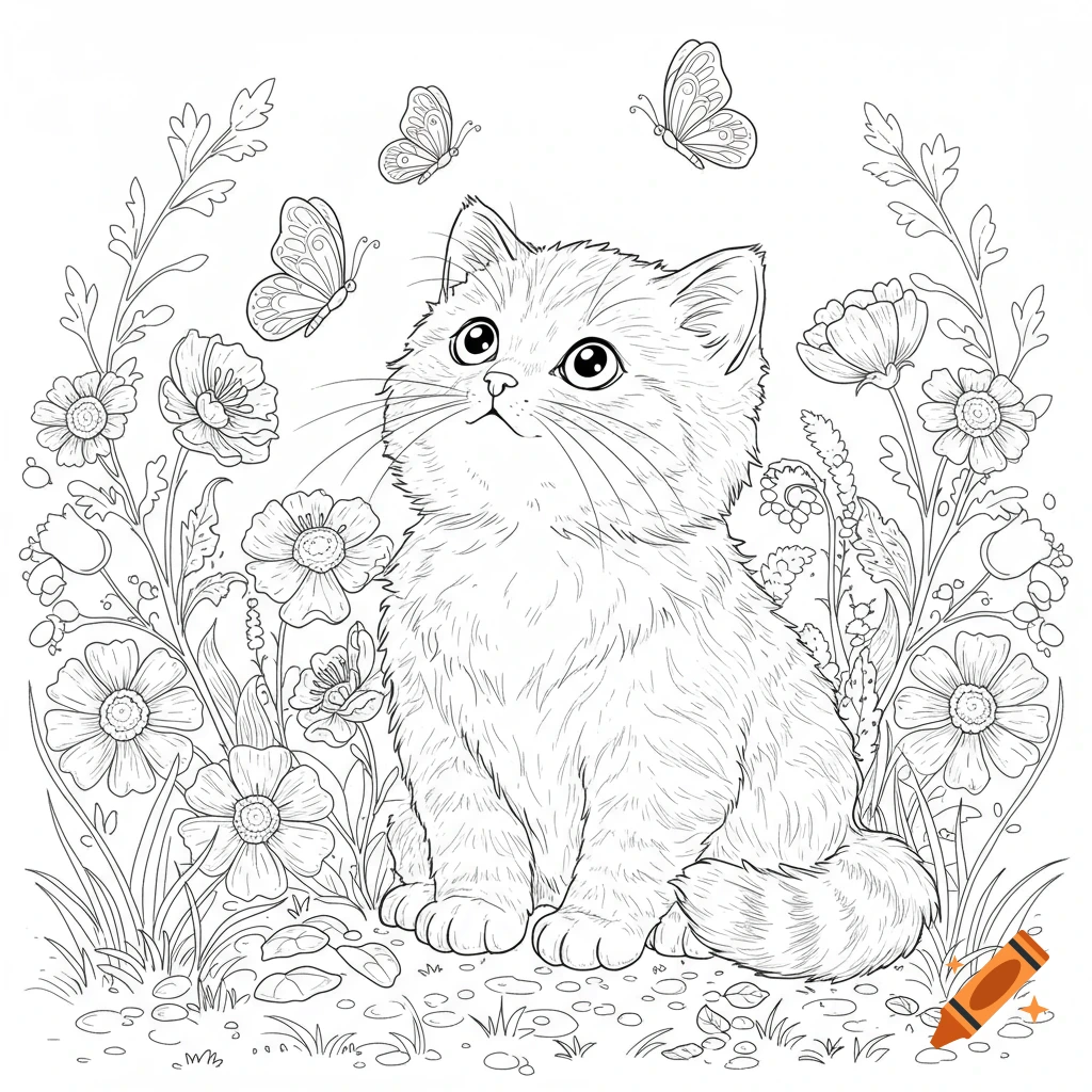 Line art coloring page of a cute fluffy kitten sitting amongst flowers with butterflies.