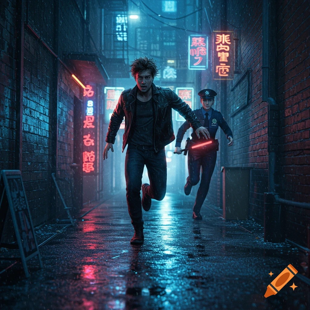 A man runs from a police officer through a rainy, neon-lit cyberpunk alley at night, reflections on the wet ground.