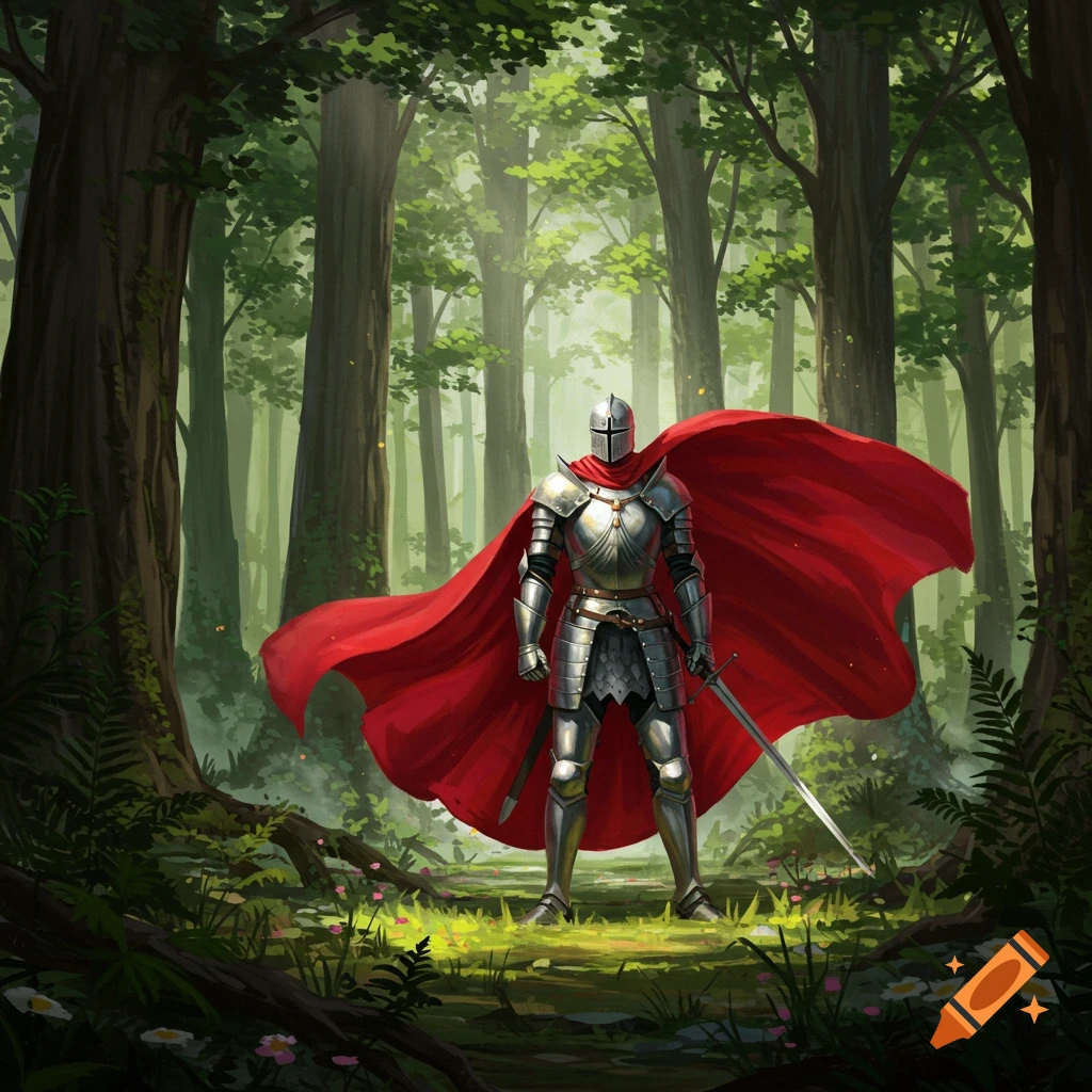 A knight in shining armor with a red cape stands with a sword in a sunlit, green forest.