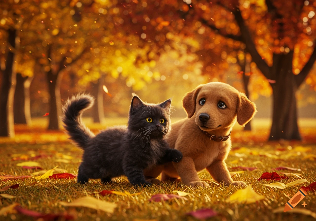 A fluffy black kitten and a brown puppy play among fallen autumn leaves in a park, rendered in a Disney-esque 3D style.