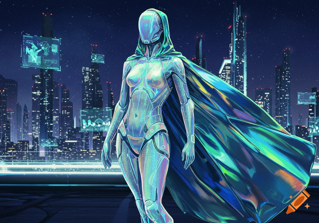 A futuristic humanoid robot in an iridescent cloak stands in a glowing cyberpunk city at night, digital art.