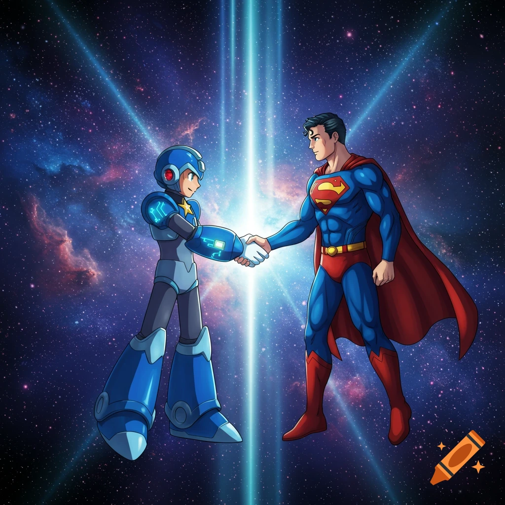 Mega Man Star Force and Superman shake hands in a vibrant cosmic background with light beams, in a comic art style.