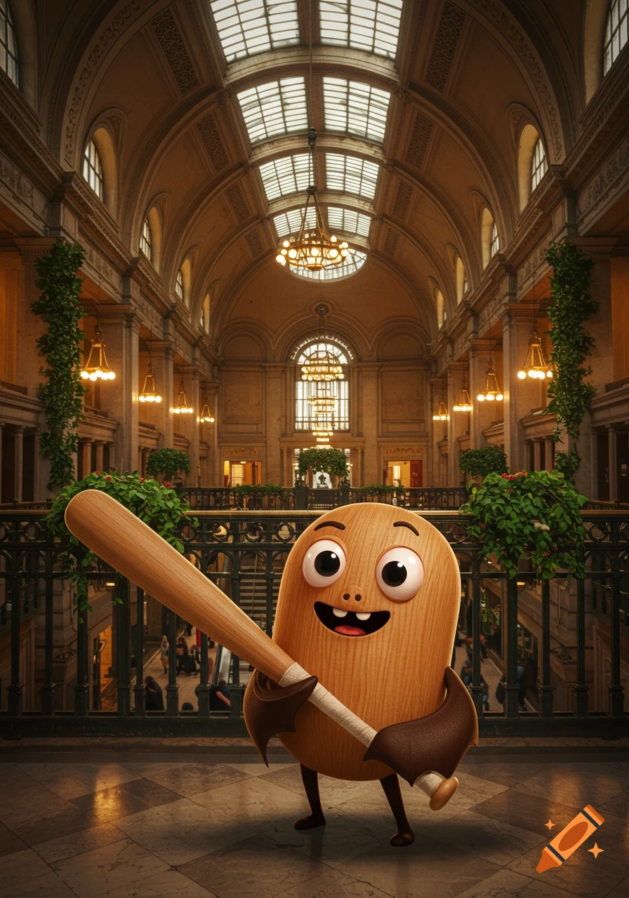 A cartoon wooden baseball bat character holding a bat in a grand, ornate hall with high arches and chandeliers.