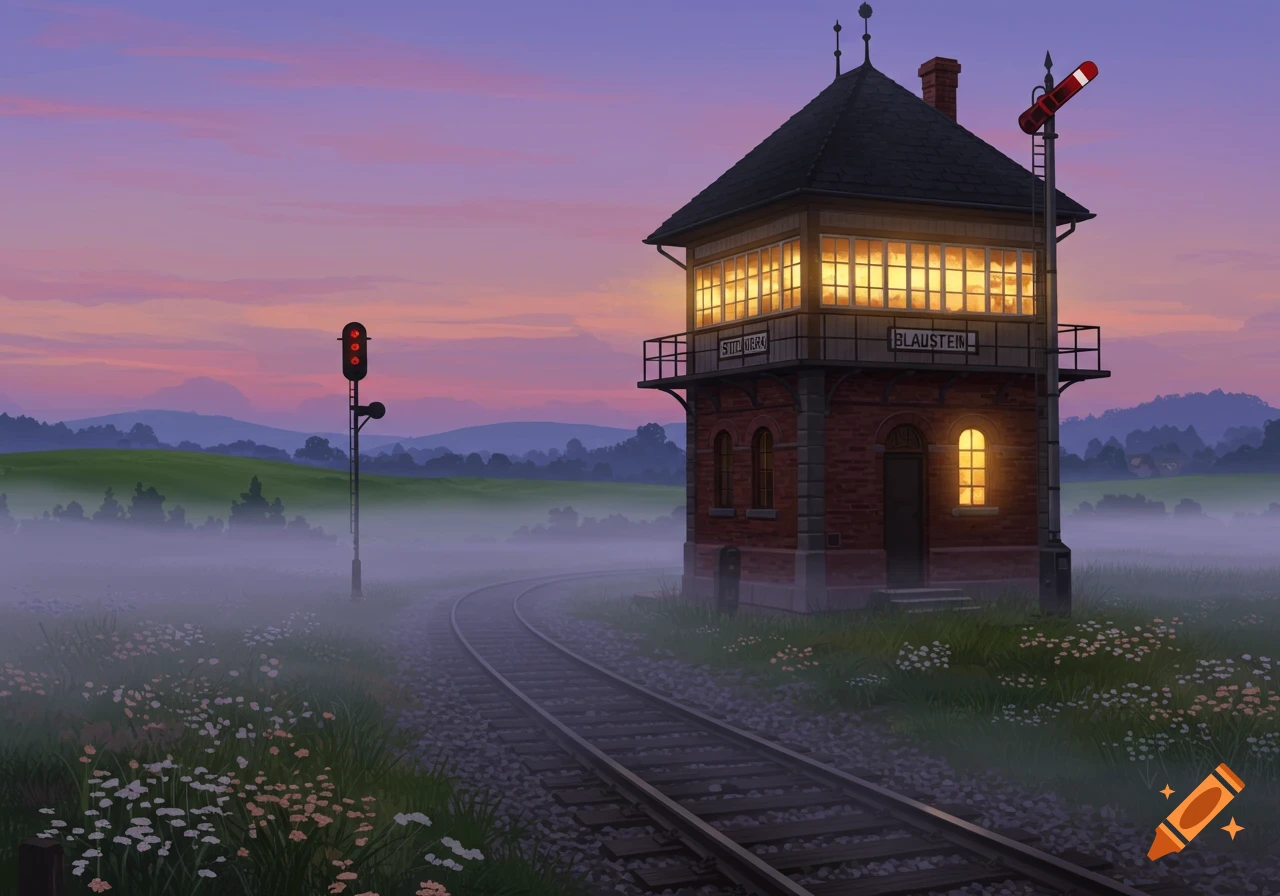 A stylized illustration of a brick train signal house with glowing windows next to a railway track in a misty, flowery field at dusk.