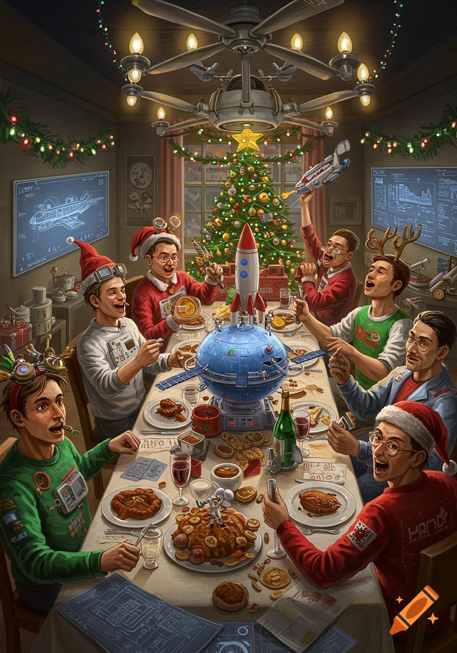 A vibrant illustration of a joyful Christmas dinner with aerospace engineers, featuring a Christmas tree, a rocket, and a satellite on the table.