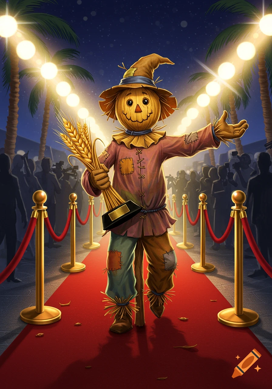A cartoon scarecrow with a pumpkin head stands on a red carpet, holding a golden award and wheat, under spotlighted palm trees.
