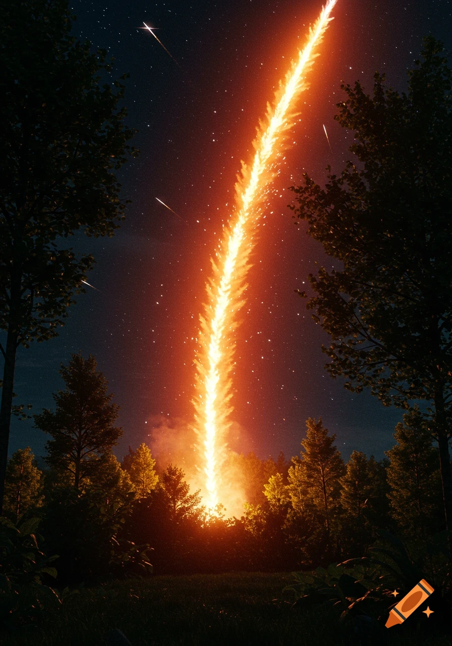 A bright, fiery object streaking through a starry night sky above a dark forest, illuminating the treetops below.