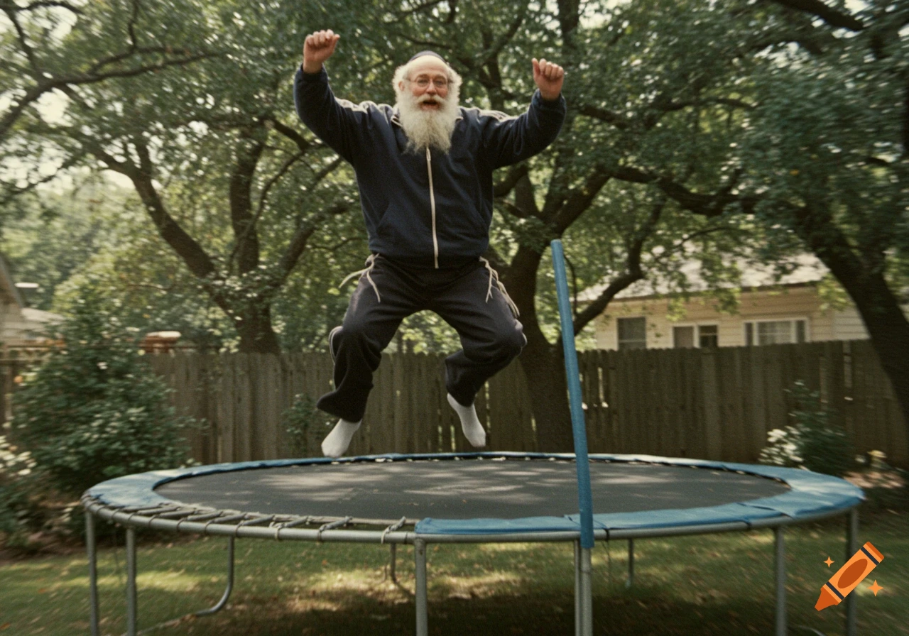An elderly man with a long white beard and yarmulke jumps high on a trampoline in a sunlit backyard.