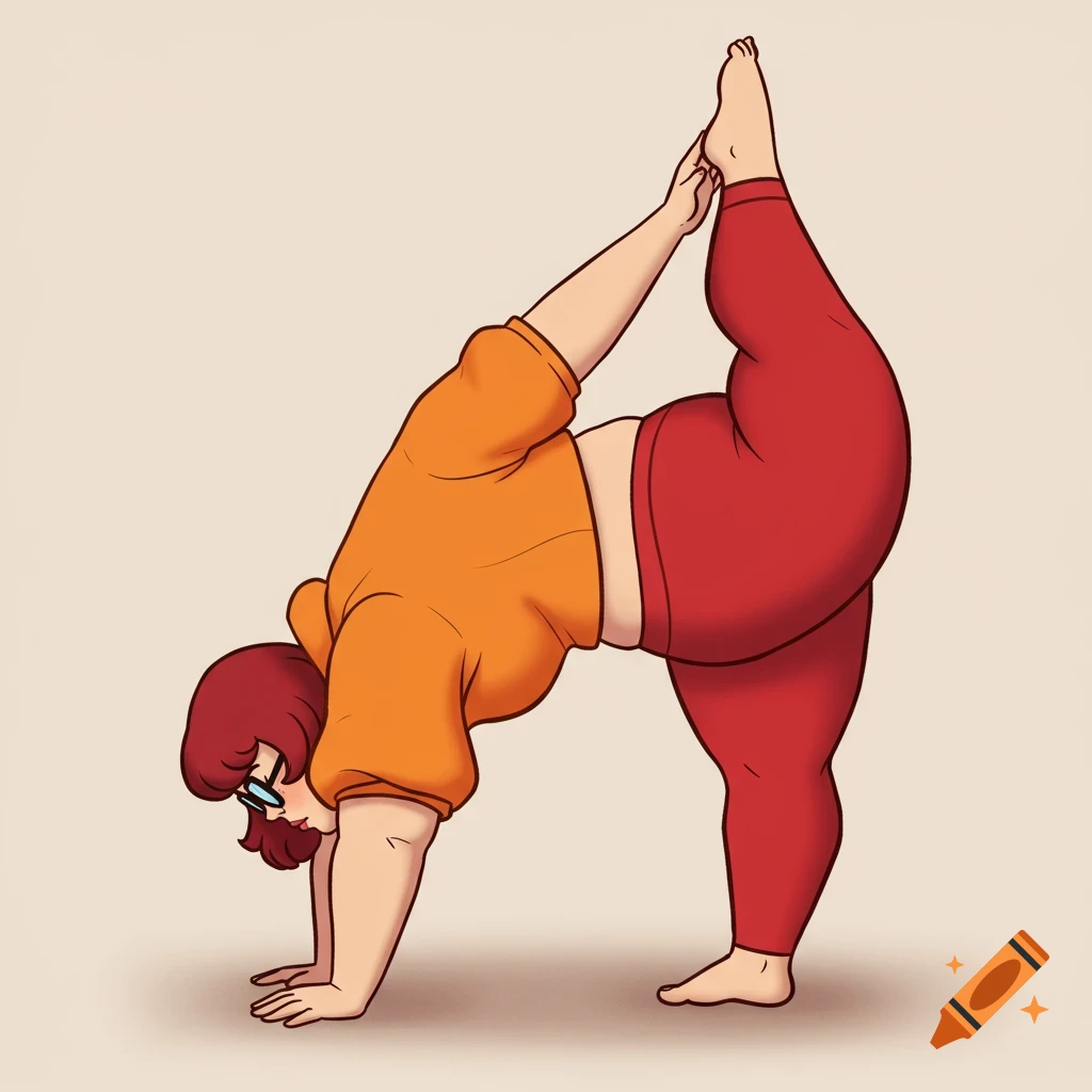 A plus-size cartoon Velma from Scooby-Doo, in an orange top and red leggings, doing a feet-over-head yoga pose on a plain background.