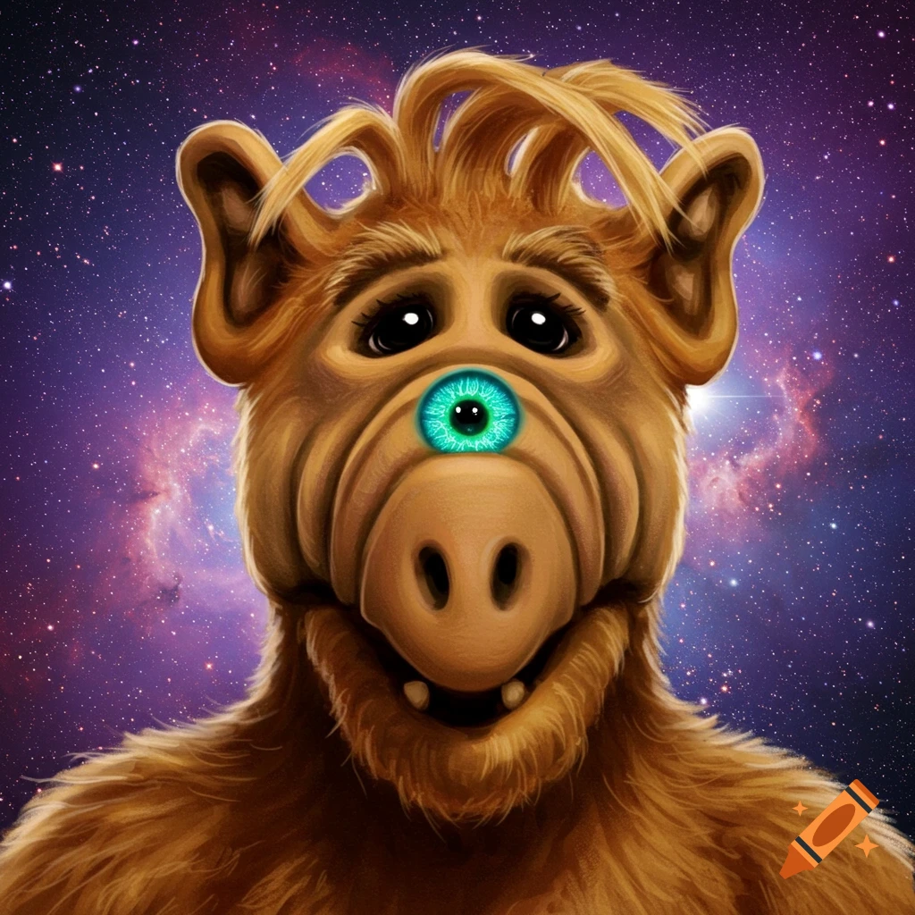 Close-up illustration of the furry alien ALF with a glowing green and blue alien eye on his forehead against a starry galaxy.