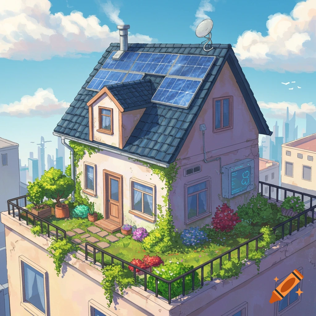 A cute, stylized house with solar panels and a lush rooftop garden overlooking a city skyline, in an anime art style.