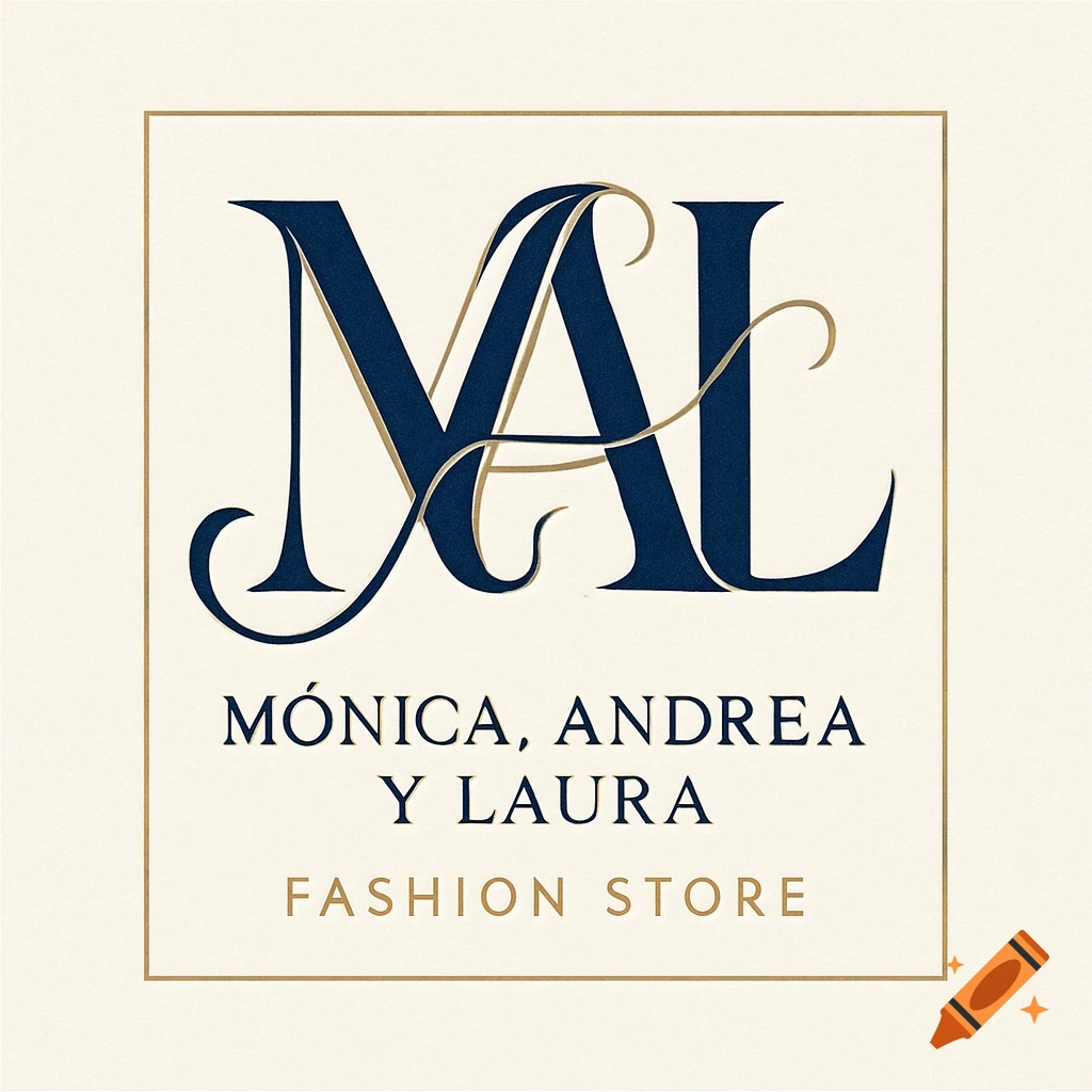 Elegant dark blue and gold logo with intertwined 'MAL' initials, and the text 'Mónica, Andrea y Laura Fashion Store' on a cream background with a gold border.
